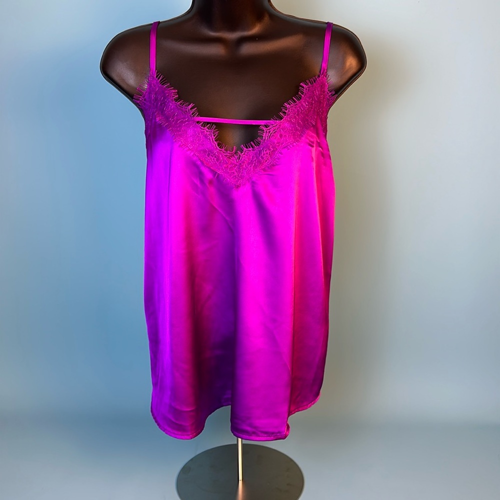 Magenta Silky Lace Trim Camisole Tank Top
